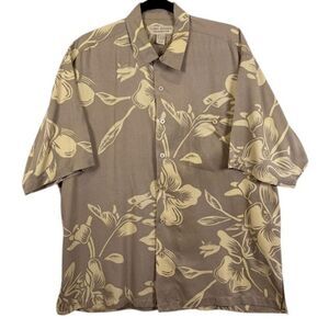 Island Republic 100% Silk Hawaiian Print Button Front Shirt Tan Cream Size Large